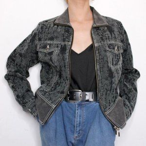 Yukka Gray Print Jean Shirt 2-Way Zipper Jacket Unisex | Excellent Condition